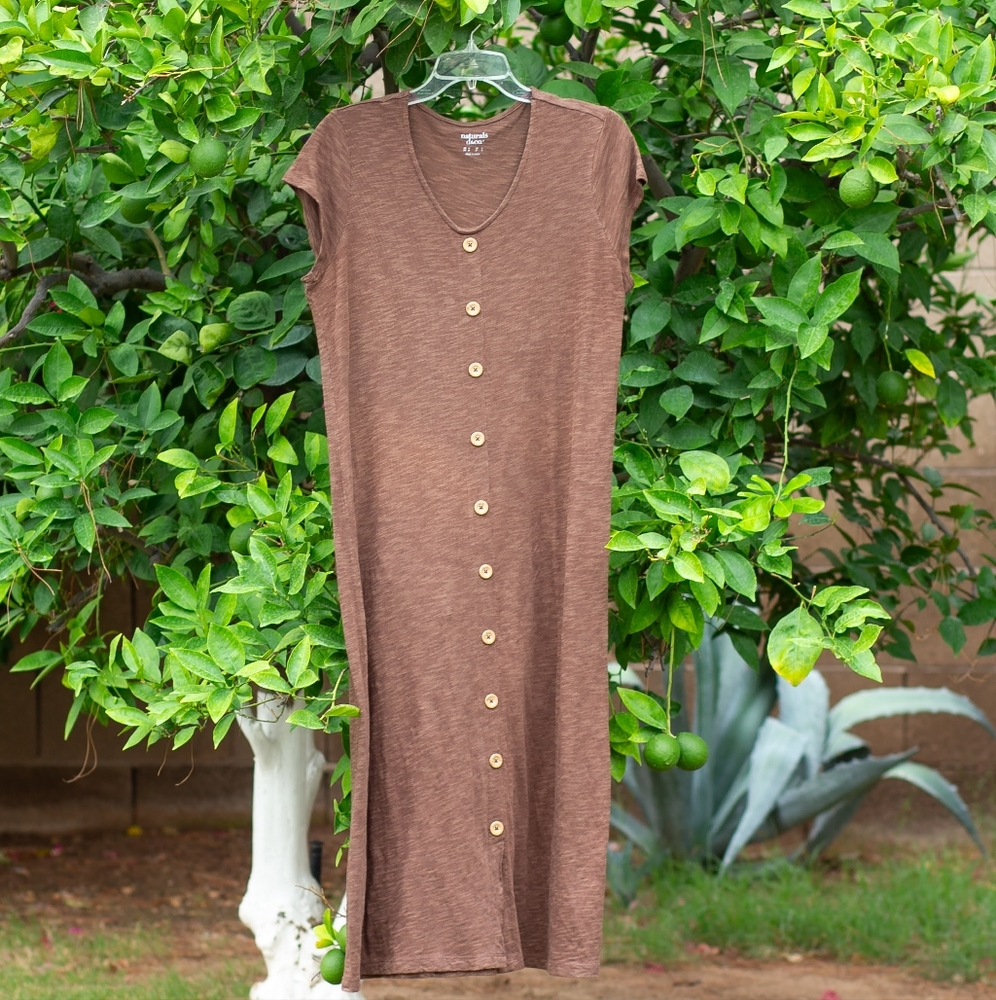 Fawn Brown Naturals Button Accented Midi T-shirt Dress
